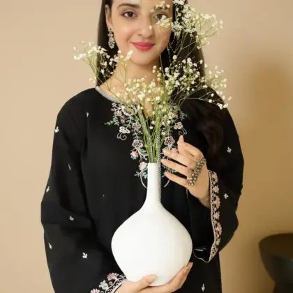 2 Pcs Women’s Unstitched Embroidered Lawn Suit – Black Shirt & Trouser