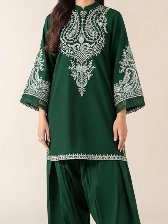 2 Pcs Women’s Unstitched Embroidered Lawn Suit – Green | 2.5 Meter Shirt & Trouser