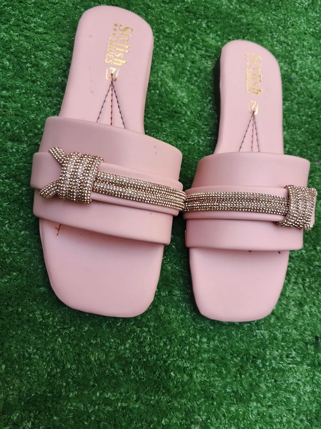 Women’s Synthetic Leather Rhinestone Fancy Flip Flop – Pink | Sizes 6–10