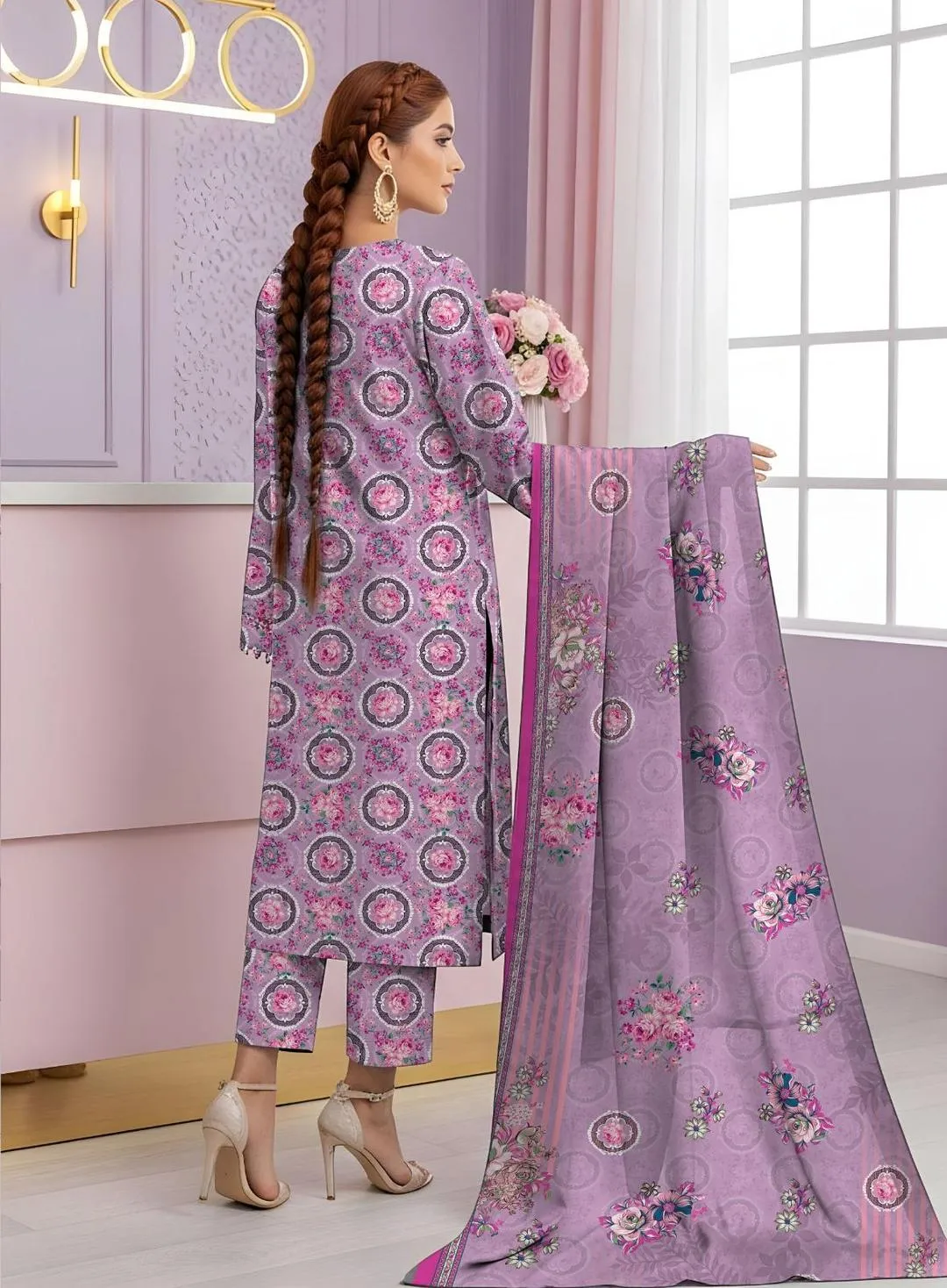 3 Pcs Women’s Unstitched Printed Suit Dobby Lawn Pink