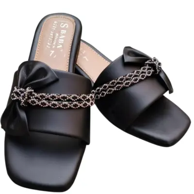 Women's Synthetic Leather Rhinestone Fancy Flip Flop – Black