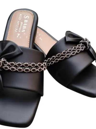 Women's Synthetic Leather Rhinestone Fancy Flip Flop – Black