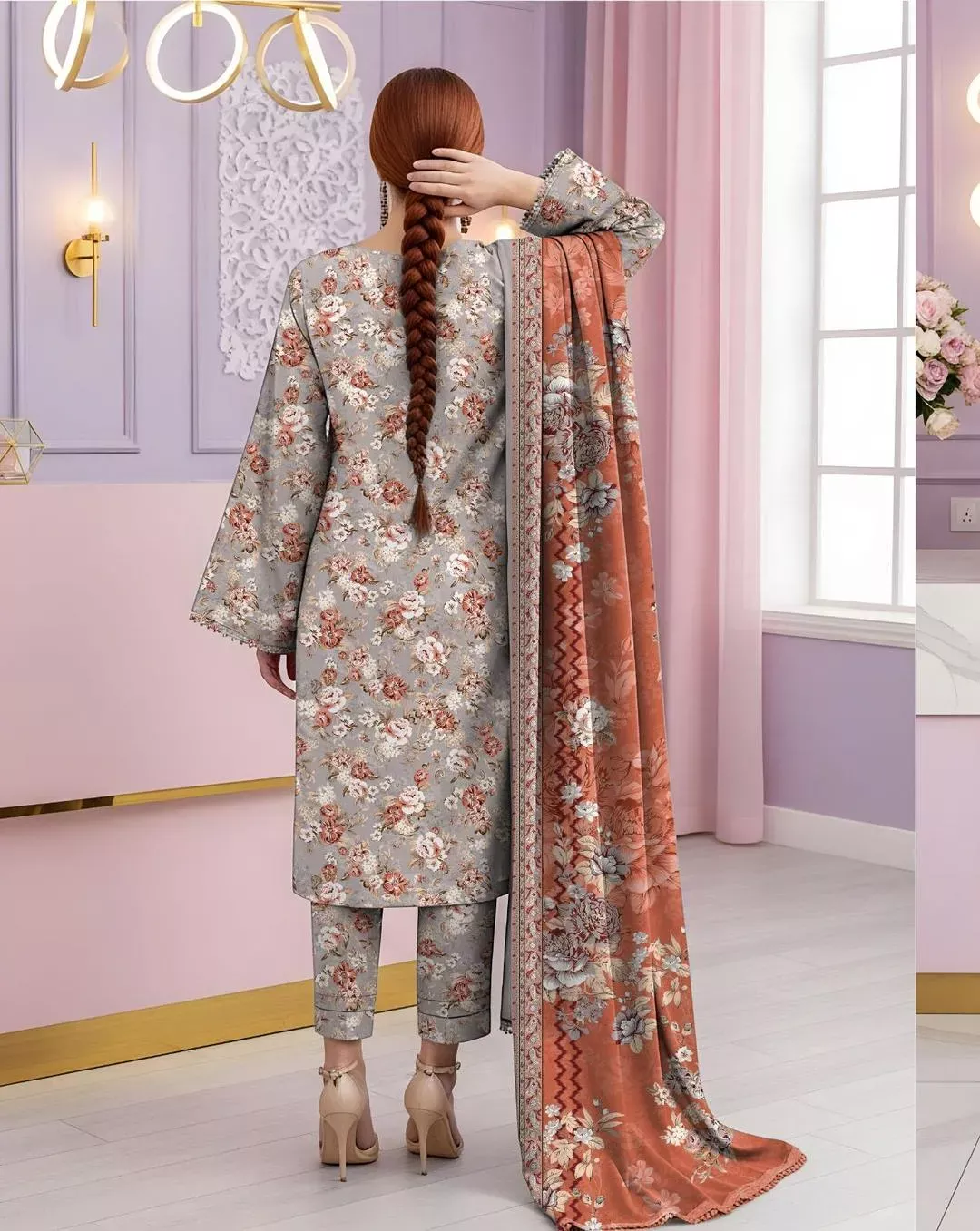 3 Pcs Women’s Unstitched Printed Suit Dobby Lawn Grey