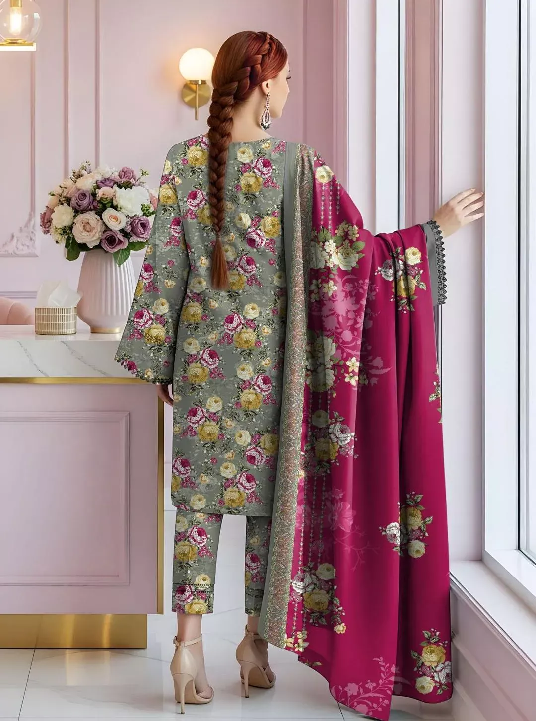 3 Pcs Women’s Unstitched Printed Suit Dobby Lawn Grey