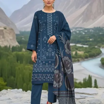 3 Pcs Women's Unstitched Embroidered Lawn Suit – Blue