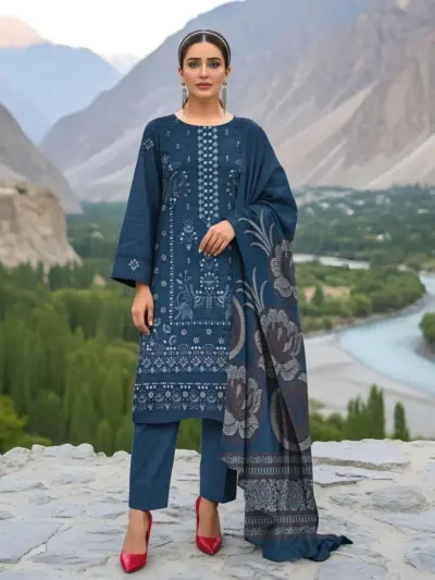 3 Pcs Women's Unstitched Embroidered Lawn Suit – Blue