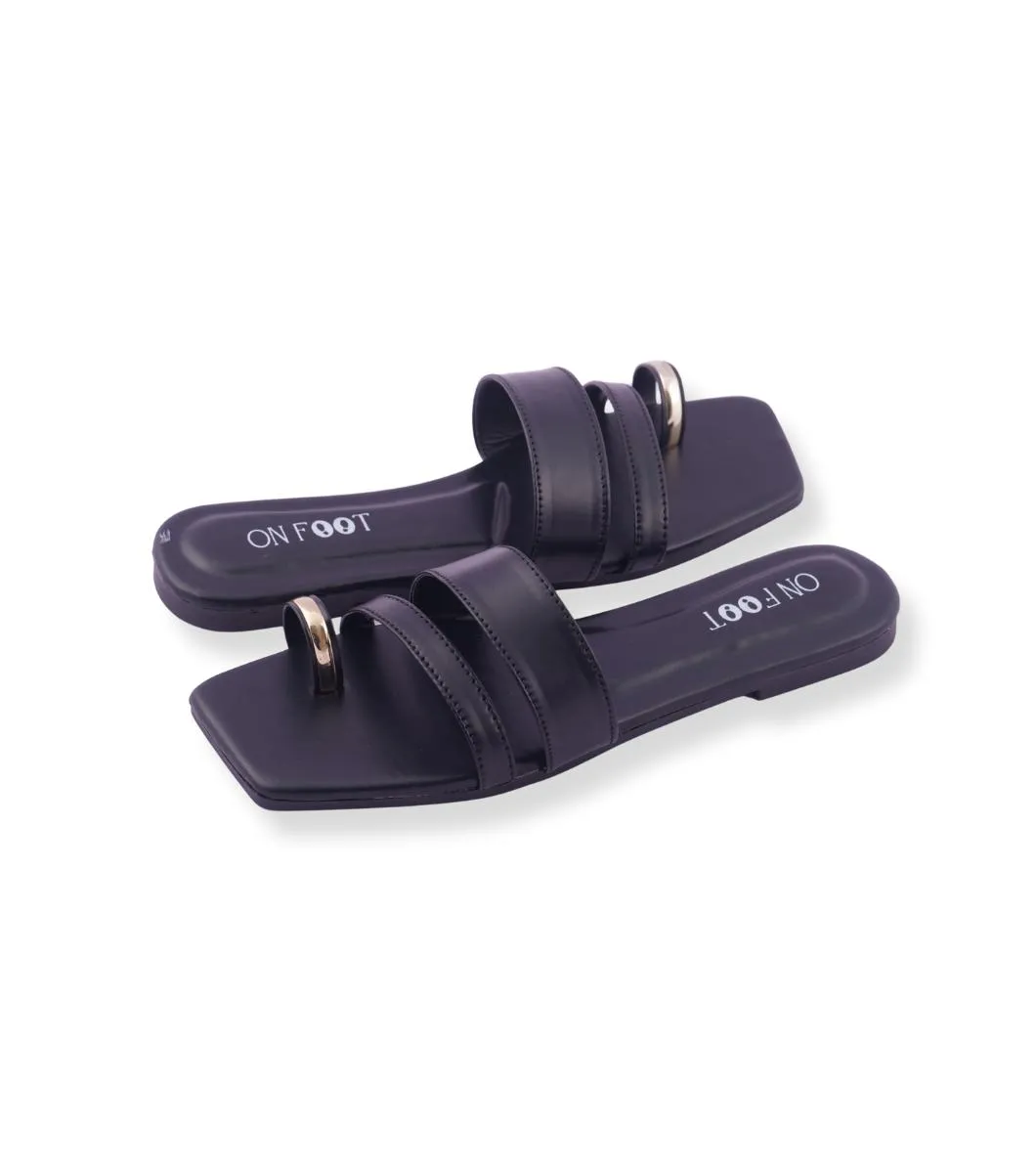 Noir Loop - 044 Black Women’s Rexine Flats – Thread Work Design, Sizes 36–41