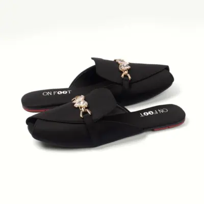 Noir Charm - 054 Fawn Women’s Rexine Rhinestone Mules – Off White & Black& Brown