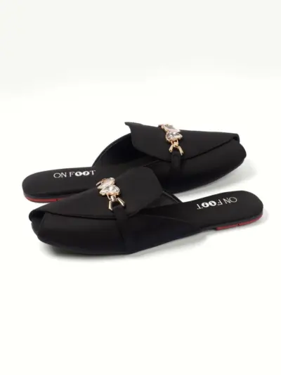 Noir Charm - 054 Fawn Women’s Rexine Rhinestone Mules – Off White & Black& Brown