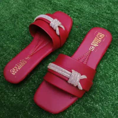 Women’s Synthetic Leather Rhinestone Fancy Flip Flop – Maroon | Sizes 6–10