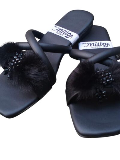 Women's Black Rexine & Satin Casual Fancy Flats with Bow and Rhinestone – Sizes 6–10