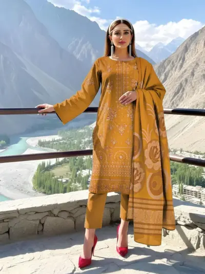 3 Pcs Women's Unstitched Embroidered Lawn Suit – Golden
