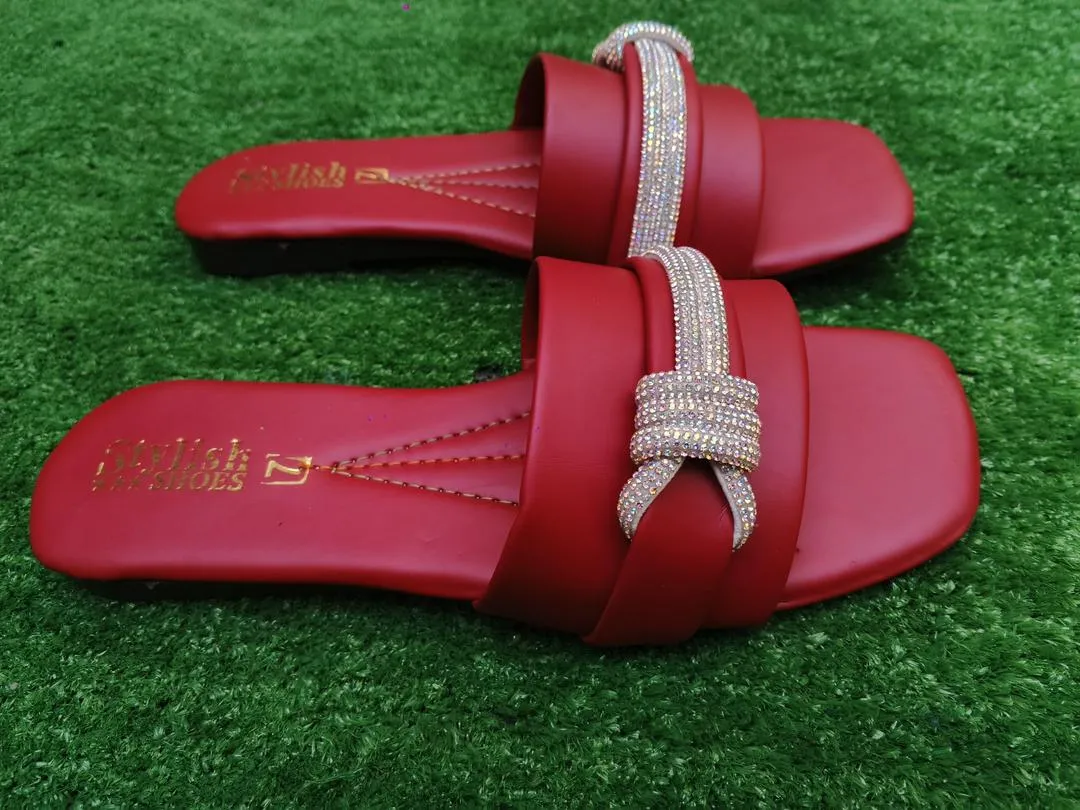 Women’s Synthetic Leather Rhinestone Fancy Flip Flop – Maroon | Sizes 6–10