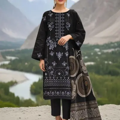 3 Pcs Women's Unstitched Embroidered Lawn Suit – Black