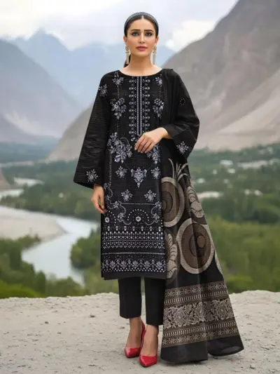 3 Pcs Women's Unstitched Embroidered Lawn Suit – Black