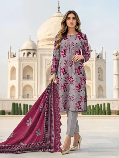 3-Piece Women’s Unstitched Printed & Embroidered Lawn Suit – Grey