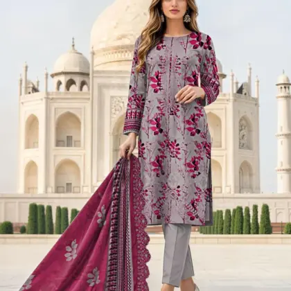 3-Piece Women’s Unstitched Printed & Embroidered Lawn Suit – Grey