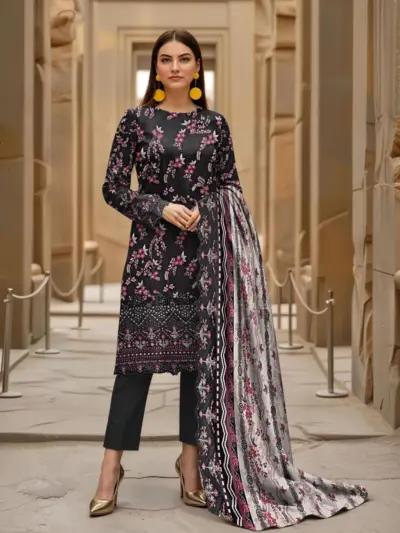 3-Piece Women’s Unstitched Printed & Embroidered Lawn Suit – Black