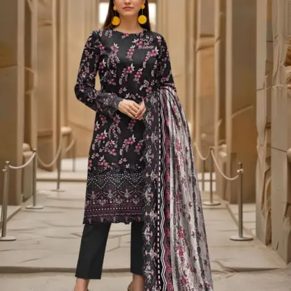 3-Piece Women’s Unstitched Printed & Embroidered Lawn Suit – Black