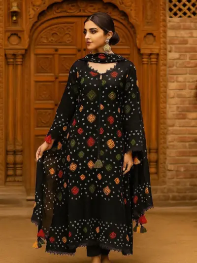 3 Pcs Women’s Unstitched Printed Linen Suit – Black