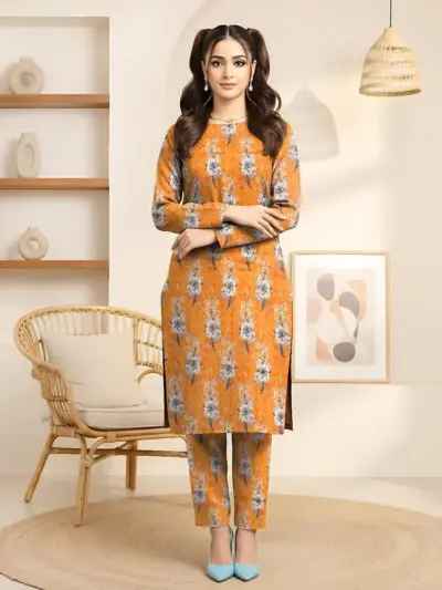 Women’s 2-Piece Unstitched Lawn Printed Suit – Mustard | 2.5 Gazz Shirt & Trouser