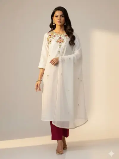 3 Pcs Women’s Unstitched Organza Embroidered Suit with Kataan Silk Trouser – White & Red