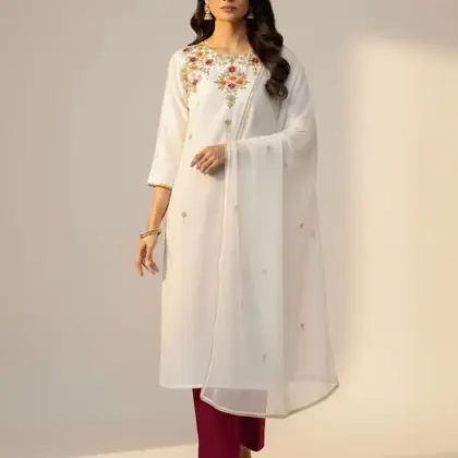 3 Pcs Women’s Unstitched Organza Embroidered Suit with Kataan Silk Trouser – White & Red