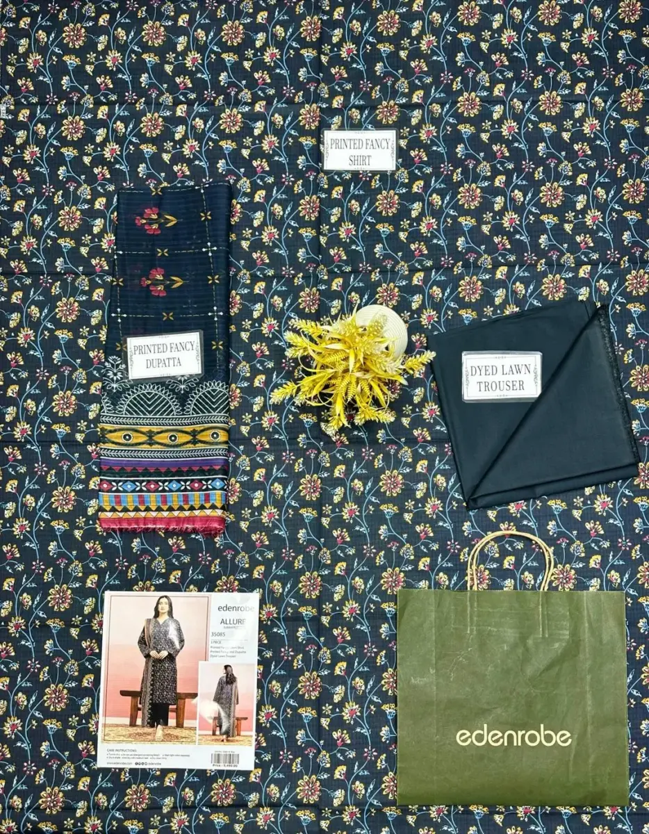 Women’s 3-Piece Unstitched Printed Blue Dobby Lawn Suit – Shirt, Dupatta & Trouser (3.0m / 2.5m / 2.5m)