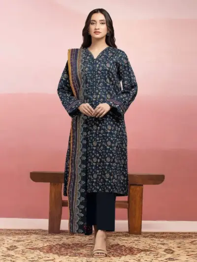 Women’s 3-Piece Unstitched Printed Blue Dobby Lawn Suit – Shirt, Dupatta & Trouser (3.0m / 2.5m / 2.5m)