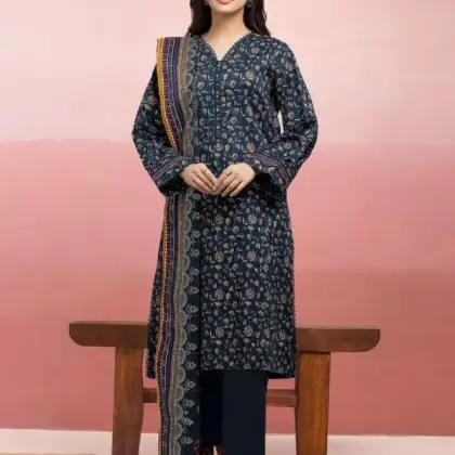 Women’s 3-Piece Unstitched Printed Blue Dobby Lawn Suit – Shirt, Dupatta & Trouser (3.0m / 2.5m / 2.5m)