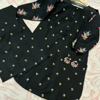2 Pcs Girl’s Cotton Embroidered Kurta and Shalwar Suit – Black