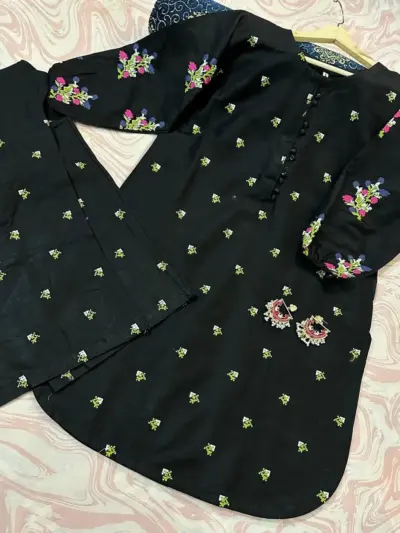 2 Pcs Girl’s Cotton Embroidered Kurta and Shalwar Suit – Black