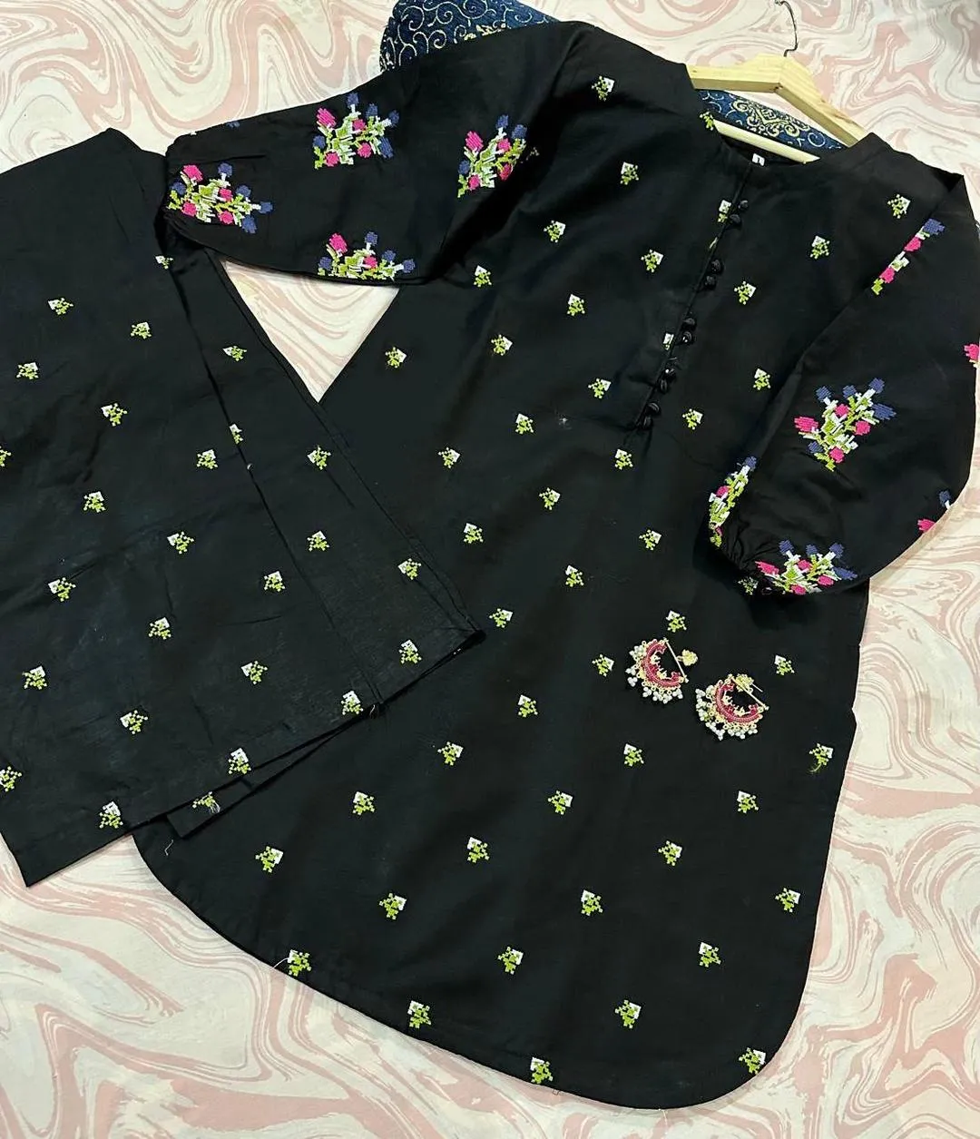 2 Pcs Girl’s Cotton Embroidered Kurta and Shalwar Suit – Black