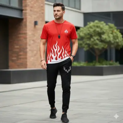 Buy 2 Pcs Men’s Polyester Printed Track Suit – Premium Red Set