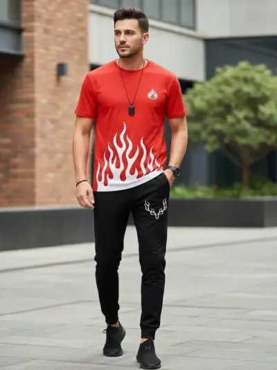 Buy 2 Pcs Men’s Polyester Printed Track Suit – Premium Red Set