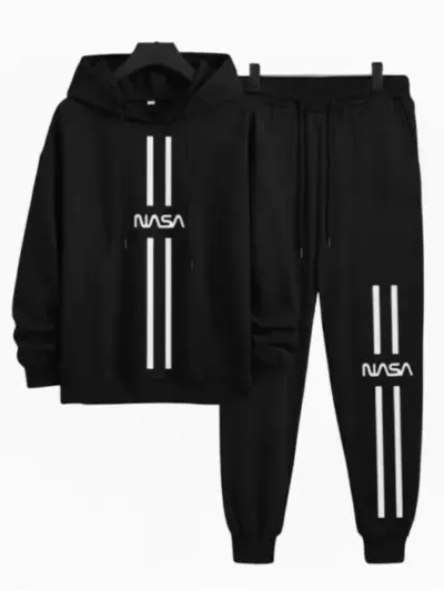 Buy Men's Polyester Printed Hoodie Track Suit – 2 Pcs Black