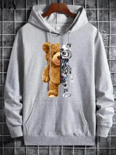 Buy Premium Men Grey Fleece Hoodie with Bear Robot Print