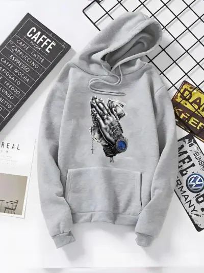 Buy Premium Men Grey Fleece Printed Hoodie Winter Warm