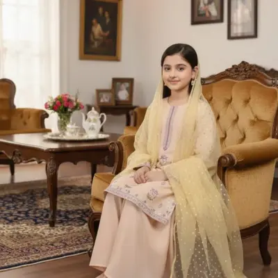 3 Pcs Girls Lawn Embroidered Unstitched Suit – Beige | Shirt, Trouser & Dupatta Set