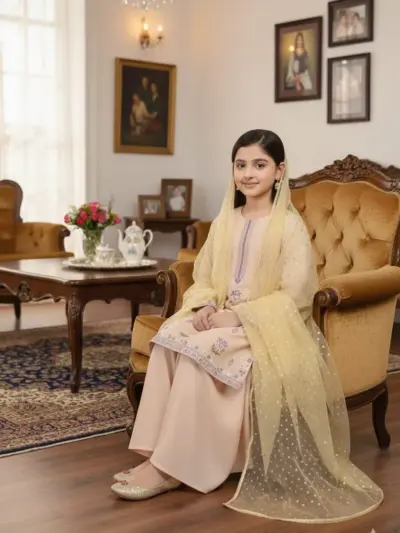 3 Pcs Girls Lawn Embroidered Unstitched Suit – Beige | Shirt, Trouser & Dupatta Set