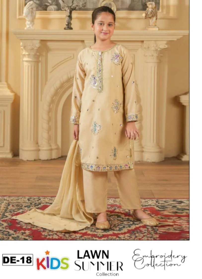 3 Pcs Girls Lawn Embroidered Unstitched Suit – Beige | Shirt, Trouser & Dupatta Set