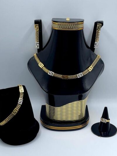 Golden Plated Metal Necklace Set – 5 Pcs with Earrings, Ring, Bracelet & Jewellery Box