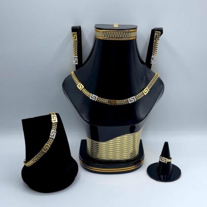 Golden Plated Metal Necklace Set – 5 Pcs with Earrings, Ring, Bracelet & Jewellery Box
