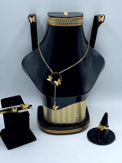 Golden Plated Metal Necklace Set – 5 Pcs with Earrings, Ring, Bracelet & Jewellery Box