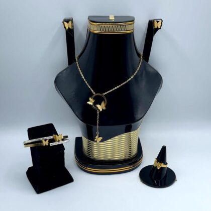 Golden Plated Metal Necklace Set – 5 Pcs with Earrings, Ring, Bracelet & Jewellery Box