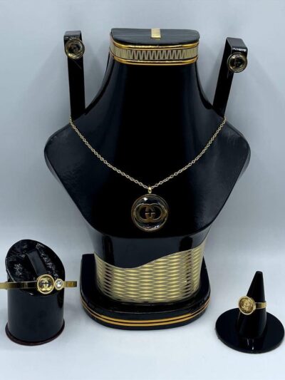 Golden Plated Metal Necklace Set – 5 Pcs Jewelry Set with Earrings, Ring, Bracelet & Jewellery Box