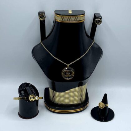 Golden Plated Metal Necklace Set – 5 Pcs Jewelry Set with Earrings, Ring, Bracelet & Jewellery Box
