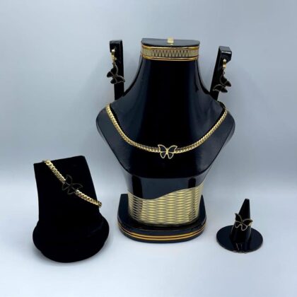 Golden Plated Metal Necklace Set – 5 Pcs Jewelry Set with Earrings, Ring, Bracelet and Jewellery Box
