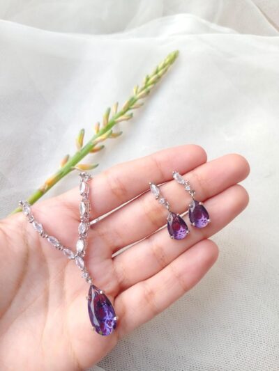 Modern Silver Plated Zircon Pendant Set – 3 Pcs Women Jewelry Set in Purple