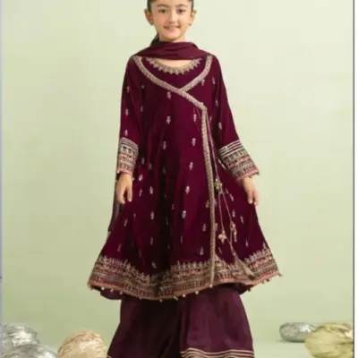 3 Pcs Girl’s Cotton Embroidered Kurta Shalwar Suit with Dupatta – Maroon (8-10 Years)